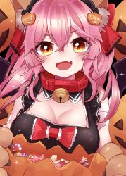 Rule 34 | 1girl, absurdres, animal ears, animal hands, bandaged arm, bandages, bare shoulders, bell, blush, bow, breasts, candy, cat paws, cleavage, collar, fang, fate/grand order, fate (series), food, fox ears, fox tail, gloves, hair between eyes, hair bow, hair ornament, highres, jack-o&#039;-lantern, jack-o&#039;-lantern hair ornament, jingle bell, large breasts, long hair, looking at viewer, neck bell, open mouth, paw gloves, pink hair, red bow, sidelocks, smile, solo, soramame pikuto, sparkle, tail, tamamo (fate), tamamo cat (fate), tamamo cat (third ascension) (fate), yellow eyes