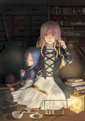 Rule 34 | 2girls, black dress, blonde hair, blue hair, book, book stack, breasts, brooch, capelet, container, cross-laced clothes, drawer, dress, gem, gradient hair, hair over shoulder, hijiri byakuren, holding, hood, hood down, indoors, jewelry, jug (bottle), kumoi ichirin, lantern, large breasts, light, long hair, long sleeves, looking at another, looking to the side, lying on person, mikan@renshu-chu, mortar (bowl), multicolored hair, multiple girls, open book, open mouth, parted lips, purple hair, robe, room, science, seiza, shelf, sitting, sleeping, smile, test tube, text focus, touhou, turtleneck, vase, weighing scale, white dress, wooden floor, yellow eyes