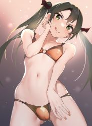 Rule 34 | 1girl, alternate costume, bikini, breasts, cameltoe, cleft of venus, commentary request, cowboy shot, green eyes, green hair, highres, kabayaki namazu, kantai collection, long hair, nail polish, o-ring, o-ring bikini, o-ring top, orange bikini, orange nails, small breasts, solo, swimsuit, tongue, tongue out, twintails, zuikaku (kancolle)
