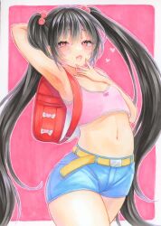Rule 34 | 1girl, :d, arm behind head, arm up, armpits, backpack, bag, belt, black hair, blunt bangs, blush, commentary request, cowboy shot, crop top, denim, denim shorts, fang, flat chest, hair between eyes, hair bobbles, hair ornament, half-closed eyes, hand to own mouth, heart, highres, long hair, looking at viewer, midriff, natsume nadeshiko, navel, open mouth, original, outline, pink background, pink eyes, pink shirt, randoseru, shirt, short shorts, shorts, simple background, skin fang, smile, solo, thighs, twintails, v, very long hair, white outline