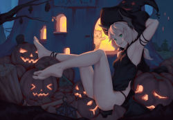 Rule 34 | &gt; &lt;, 1girl, armband, armpits, bare legs, barefoot, bat (animal), bigrbear, blonde hair, blue eyes, branch, breasts, camisole, commentary request, from side, green eyes, halloween, hat, highres, horns, hut, jack-o&#039;-lantern, looking at viewer, looking to the side, night, original, outdoors, pumpkin, small breasts, smile, solo, tombstone, witch hat