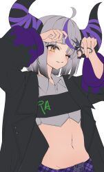 Rule 34 | 1girl, absurdres, ahoge, black jacket, closed mouth, crop top, cutting hair, cutting own hair, fang, fang out, grey hair, highres, hololive, horns, jacket, la+ darknesss, la+ darknesss (casual), medium hair, multicolored hair, navel, official alternate costume, one eye closed, open clothes, open jacket, purple hair, simple background, solo, stomach, streaked hair, thomas 8000, virtual youtuber, white background, yellow eyes