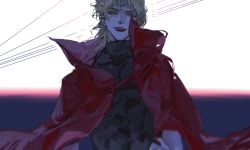 Rule 34 | 1boy, blonde hair, blurry, cape, collared cape, depth of field, dio brando, highres, jojo no kimyou na bouken, male focus, mitus, pale skin, red cape, red eyes, shirt, sleeveless, sleeveless turtleneck, solo, stardust crusaders, tight clothes, tight shirt, turtleneck, vampire