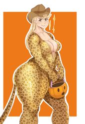 Rule 34 | absurdres, applejack, blonde hair, breasts, cleavage, costume, freckles, my little pony: friendship is magic, halloween, hasbro, highres, holidays, jaguar print, looking at viewer, my little pony, my little pony: friendship is magic, personification, sunnysundown, thick thighs, thighs