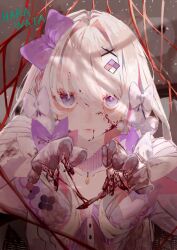 Rule 34 | 1girl, absurdres, bags under eyes, blood, blood on face, blush, bow, choker, collarbone, diamond (shape), diamond hair ornament, dress, hair bow, hair intakes, hair ornament, hairclip, heart-shaped ornament, highres, indie virtual youtuber, light brown hair, long sleeves, looking at viewer, open mouth, pendant choker, pink ribbon, pom pom (clothes), purple bow, purple choker, purple eyes, purple ribbon, diamond (shape), ribbon, sleeves past fingers, sleeves past wrists, smile, solo, swept bangs, two-tone ribbon, virtual youtuber, watagashi unou, white bow, white dress, x hair ornament, yofuke/yofu