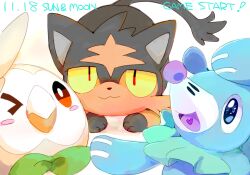 Rule 34 | !, &gt; o, animal focus, bird, blue eyes, blush stickers, bright pupils, cat, closed mouth, colored sclera, commentary request, copyright name, creatures (company), dated, from side, game freak, gen 7 pokemon, horizontal pupils, litten, looking at viewer, lying, nintendo, no humans, one eye closed, open mouth, owl, pokemon, pokemon (creature), popplio, red eyes, rowlet, seal (animal), straight-on, title screen, white pupils, winter939, yellow eyes, yellow sclera