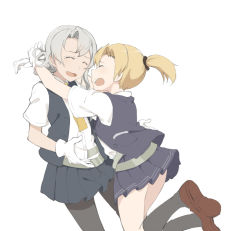 Rule 34 | 10s, 2girls, :d, ^ ^, asymmetrical hair, black socks, blonde hair, chocotto715, closed eyes, gloves, grey skirt, happy, happy tears, hug, kantai collection, kneehighs, loafers, maikaze (kancolle), multiple girls, necktie, nowaki (kancolle), open clothes, open mouth, open vest, pantyhose, pleated skirt, school uniform, shoes, short ponytail, silver hair, simple background, skirt, smile, socks, tears, vest, white background, white gloves