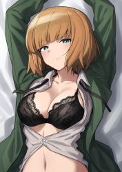 Rule 34 | 1girl, absurdres, arms up, black bra, bra, brave witches, breasts, commentary, fankupl, green eyes, gundula rall, highres, lace, lace bra, large breasts, looking at viewer, lying, orange hair, solo, underwear, world witches series