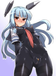 Rule 34 | 10s, 1girl, arms behind back, blush, bodysuit, breasts, cameltoe, censored, clitoris, clitoris cutout, clitoris piercing, cowboy shot, embarrassed, exposed clitoris, gradient background, hair ribbon, headgear, highres, kantai collection, latex, long hair, looking at viewer, medium breasts, mosaic censoring, murakumo (kancolle), nipple cutout, nipple piercing, nipple rings, nippleless clothes, nipples, no bra, no panties, outline, perky breasts, piercing, pointless censoring, puffy areolae, puffy nipples, pussy piercing, ribbon, silver hair, simple background, skin tight, solo, standing, yoshi tama
