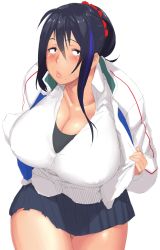 Rule 34 | 1girl, black eyes, black hair, blush, breasts, cleavage, covered erect nipples, cowboy shot, curvy, hakai shin, highres, huge breasts, jacket, lips, long hair, looking at viewer, mole, shirt, simple background, skirt, solo, sweatdrop, thick thighs, thighs, track jacket, white shirt, wide hips
