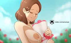 Rule 34 | 1girl, bouquet, breasts, breasts out, brown hair, closed eyes, day, female focus, flower, hilda (series), iamoctopii, johanna (hilda), lactation, large breasts, mature female, nipples, nude, outdoors, public indecency, public nudity, rose, sky, smile