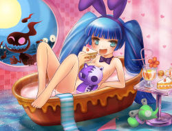 Rule 34 | 10s, animal ears, bathtub, blush, breasts, chuck (psg), cleavage, covering privates, food, ghost (psg), honekoneko, panty &amp; stocking with garterbelt, smile, stocking (psg)
