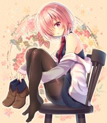 Rule 34 | 1girl, :o, ankle boots, black dress, boots, unworn boots, brown footwear, collared dress, dress, fate/grand order, fate (series), feet, floral background, full body, hair over one eye, jacket, knees to chest, knees up, long sleeves, looking at viewer, mash kyrielight, necktie, off shoulder, open clothes, open jacket, open mouth, pantyhose, pink eyes, pink hair, polka dot, polka dot background, purple eyes, red necktie, serino itsuki, shiny skin, short dress, short hair, sitting, sleeveless, sleeveless dress, sleeves past wrists, solo, thighband pantyhose, track jacket, unzipped, white jacket