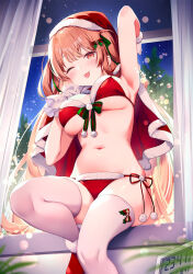 1girl arm_behind_head arm_up armpits bare_shoulders bikini breasts capelet cleavage closed_mouth front-tie_bikini_top front-tie_top fur-trimmed_capelet fur-trimmed_headwear fur_trim gloves hand_up hat highres holding holding_sack kinokomushi large_breasts long_hair looking_at_viewer navel one_eye_closed original pink_hair red_bikini red_capelet red_eyes red_footwear red_hat sack santa_bikini santa_hat shoes side-tie_bikini_bottom sitting skindentation smile solo stomach string_bikini swimsuit thighhighs thighs tongue tongue_out two_side_up underboob very_long_hair white_gloves white_thighhighs