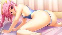 Rule 34 | 1girl, barefoot, bed sheet, blue one-piece swimsuit, blurry, blurry background, censored, competition swimsuit, covered erect nipples, curtains, game cg, hair between eyes, hair ornament, hair scrunchie, indoors, koizumi amane, long hair, looking at viewer, miyamae iroha, mosaic censoring, official art, on bed, one-piece swimsuit, pink eyes, pink hair, scrunchie, sei shoujo ~seido ikusei gakuen~, solo, swimsuit, twintails, yellow scrunchie