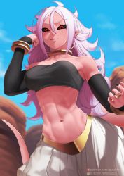 Rule 34 | 1girl, abs, android 21, bandeau, black bandeau, black sclera, black tube top, blue sky, breasts, closed mouth, cloud, colored sclera, colored skin, commentary request, day, dragon ball, dragon ball fighterz, hair between eyes, highres, long hair, looking at viewer, majin android 21, medium breasts, midriff, navel, patreon username, pink skin, pointy ears, putcher, red eyes, sky, smile, solo, strapless, tail, tube top