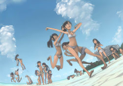 Rule 34 | 6+girls, akinbo (hyouka fuyou), barefoot, beach, bikini, black hair, blush, bracelet, breasts, brown hair, cleavage, closed eyes, cloud, dark-skinned female, dark skin, day, head rest, jewelry, jumping, launching, long hair, medium breasts, multiple girls, navel, open mouth, original, outdoors, own hands together, ponytail, running, sand sculpture, sarong, short hair, side-tie bikini bottom, sitting, sky, smile, striped clothes, striped sarong, surprised, swimsuit, tan, water