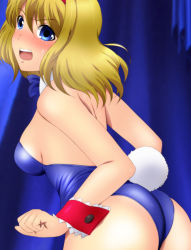 Rule 34 | 1girl, alice margatroid, animal ears, ass, bare back, bare legs, blonde hair, blue eyes, blue leotard, blush, breasts, commentary request, detached collar, embarrassed, fake animal ears, fake tail, hairband, leotard, lolita hairband, looking at viewer, looking back, open mouth, playboy bunny, rabbit ears, rabbit tail, red hairband, short hair, strapless, strapless leotard, sweatdrop, tail, touhou, wrist cuffs, yadokari genpachirou