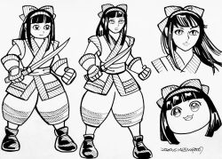 Rule 34 | 1girl, ainu clothes, artist name, black eyes, black hair, breasts, clenched hands, fighting stance, fingerless gloves, gloves, hair ribbon, highres, legs, medium breasts, monochrome, nakoruru, open mouth, pants, ribbon, samurai spirits, smile, snk, solo, the king of fighters, thighs, traditional media, weapon, yukkuri shiteitte ne