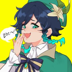 Rule 34 | 1boy, androgynous, beret, black hair, blue hair, bow, braid, brooch, cape, collared cape, collared shirt, english text, flower, frilled sleeves, frills, gem, genshin impact, gradient hair, green eyes, green hat, grimruu, hat, hat flower, highres, jewelry, leaf, long sleeves, looking at viewer, male focus, multicolored hair, open mouth, shirt, short hair with long locks, simple background, smile, solo, speech bubble, twin braids, venti (genshin impact), white flower, white shirt, yellow background