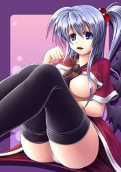 Rule 34 | 1girl, ass, black thighhighs, blue eyes, breasts, censored, convenient censoring, female focus, hair bobbles, hair ornament, hair over breasts, koto tsubane, legs, long hair, mystic square, open clothes, panties, pantyshot, shinki (touhou), side ponytail, silver hair, sitting, solo, thighhighs, touhou, touhou (pc-98), underwear, white panties, wings