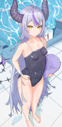 Rule 34 | 1girl, absurdres, adjusting clothes, adjusting swimsuit, ahoge, bare legs, bare shoulders, barefoot, black horns, blue one-piece swimsuit, blush, braid, breasts, cameltoe, closed mouth, cloud, collarbone, contrapposto, covered navel, demon girl, demon horns, female focus, from above, grey hair, highres, holding, holding surfboard, hololive, horns, la+ darknesss, long hair, looking at viewer, multicolored hair, one-piece swimsuit, pool, poolside, pout, purple hair, school swimsuit, small breasts, solo, streaked hair, striped horns, surfboard, swimsuit, tile floor, tiles, two-tone hair, umidariku, very long hair, virtual youtuber, water, wet, yellow eyes