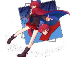 Rule 34 | 1girl, black shirt, blue bow, bow, cape, cloak, disembodied head, floating head, full body, hair bow, hasmi, headless, high collar, long sleeves, miniskirt, pointing, red cape, red cloak, red eyes, red hair, red skirt, sekibanki, shirt, short hair, skirt, touhou
