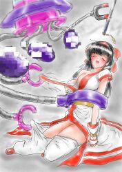 Rule 34 | 1girl, absurdres, ainu clothes, black hair, blush, breasts, breasts out, censored, cleavage, closed eyes, clothes pull, fingerless gloves, gloves, hair ribbon, highres, imminent penetration, large breasts, legs, moaning, molestation, nakoruru, pants, pants pull, ribbon, samurai spirits, sarashi, sitting, snk, tentacles, the king of fighters, thighs, ufo, undressing, undressing another