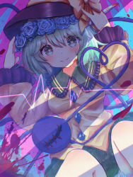 Rule 34 | 1girl, absurdres, arms up, artist request, black hat, blouse, blue flower, blue rose, blush, bow, flower, frilled shirt collar, frills, hair between eyes, hat, hat bow, hat ribbon, heart, heart of string, highres, komeiji koishi, long sleeves, looking at viewer, ribbon, rose, shirt, short hair, skirt, solo, third eye, touhou, wide sleeves, yellow shirt