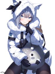 1girl animal_ear_hood bazo_(vestia_zeta) black_gloves black_pantyhose blue_eyes coat fake_animal_ears finger_to_cheek gloves grey_hair highres hololive hololive_indonesia hood pantyhose rysp smile vestia_zeta virtual_youtuber winter_clothes winter_coat