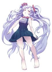 Rule 34 | 1girl, bare shoulders, barefoot, beatmania, beatmania iidx, blue hair, dress, full body, highres, long hair, looking at viewer, maud, pink eyes, shift (waage), simple background, sleeveless, sleeveless dress, solo, very long hair, white background