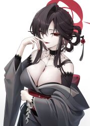 Rule 34 | 1girl, absurdres, black hair, blue archive, breasts, cleavage, closed mouth, eksldpf75, fingernails, grey kimono, hair ornament, hair stick, halo, highres, japanese clothes, kimono, kokuriko (blue archive), large breasts, lips, long hair, long sleeves, nail polish, obi, red eyes, red halo, red nails, sash, simple background, smile, solo, white background, wide sleeves
