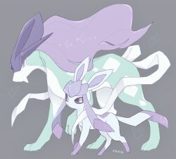 alternate_color alternate_shiny_pokemon animal_focus animal_hands black_sclera blue_eyes blue_fur colored_sclera creatures_(company) full_body game_freak gen_2_pokemon gen_4_pokemon glaceon green_fur grey_background grey_eyes highres legendary_pokemon looking_at_viewer masayo_(skip) nintendo no_humans pokemon pokemon_(creature) purple_fur ribbon simple_background standing suicune white_fur