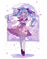 Rule 34 | 1girl, bare legs, black footwear, black ribbon, black sailor collar, black skirt, blue eyes, blue hair, blush, cherry blossoms, closed mouth, dot mouth, falling petals, floating clothes, floating hair, full body, futaba969649, hair between eyes, hair ribbon, hatsune miku, holding, holding umbrella, loafers, long hair, long sleeves, looking at viewer, neckerchief, petals, pleated skirt, puddle, rain, red neckerchief, ribbon, sailor collar, school uniform, serafuku, shirt, shoes, skirt, sleeve cuffs, solo, twintails, umbrella, very long hair, vocaloid, walking, white shirt, window