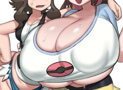Rule 34 | 2girls, absurdres, blush, breast envy, breasts, brown hair, cleavage, collarbone, covered erect nipples, creatures (company), game freak, gigantic breasts, gray impact, head out of frame, highres, hilda (pokemon), long hair, medium breasts, multiple girls, nintendo, open mouth, pantyhose, pokemon, pokemon bw, pokemon bw2, rosa (pokemon), shirt, shorts, sidelocks, simple background, smile, sweat, sweatdrop, underboob, undersized clothes, upper body, vest, white background, white shirt