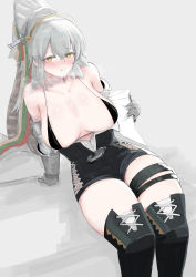 Rule 34 | 1girl, absurdres, arknights, arm support, bare shoulders, bikini, bikini top only, black bikini, black footwear, black shorts, blush, boots, breasts, breasts apart, brown eyes, collarbone, fartooth (arknights), feet out of frame, gauntlets, grey background, grey hair, high-waist shorts, highres, large breasts, leaning back, long hair, looking at viewer, machan, micro bikini, off shoulder, open clothes, open shirt, parted lips, ponytail, shirt, shorts, simple background, sitting, solo, steaming body, swimsuit, thigh boots, thigh strap, undressing, visor (armor), white shirt