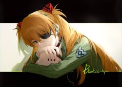 Rule 34 | 1girl, black choker, black eyes, black nails, blackcat enjia, cable, choker, evangelion: 3.0+1.0 thrice upon a time, eyepatch, green jacket, hand on own knee, hashtag-only commentary, head rest, headphones, highres, hugging own legs, interface headset, jacket, letterboxed, long hair, looking at viewer, nail polish, neon genesis evangelion, orange hair, rebuild of evangelion, shadow, signature, solo, souryuu asuka langley