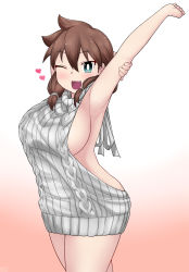 Rule 34 | &gt;;d, 1girl, ;d, amano megumi, amano megumi wa suki darake!, aran sweater, arm behind head, armpits, blue eyes, blush, breasts, brown hair, cable knit, clenched hand, ekz (robotekz), fang, from side, grabbing own arm, gradient background, hair between eyes, heart, highres, large breasts, looking at viewer, meme attire, one eye closed, open mouth, outstretched arm, ribbed sweater, smile, solo, sweater, turtleneck, turtleneck sweater, twintails, v-shaped eyebrows, virgin killer sweater, white sweater