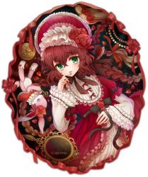 Rule 34 | 1girl, ajicoma, artist name, black bow, bonnet, bow, braid, brown hair, dress, flower, frills, green eyes, hair bow, hair flower, hair ornament, hand mirror, long hair, long sleeves, looking at viewer, medallion, mirror, nail polish, original, pink dress, red nails, shoes, solo, striped, striped bow, stuffed animal, stuffed rabbit, stuffed toy, twin braids, white background, wide sleeves
