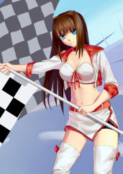 Rule 34 | 1girl, absurdres, alternate costume, aozaki aoko, belt, blue eyes, boots, breasts, brown hair, checkered flag, cleavage, cqqz0707, cropped jacket, dutch angle, flag, highres, lace-up top, long hair, mahou tsukai no yoru, midriff, navel, race queen, smile, solo, thigh boots, thighhighs, thighs