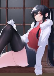 Rule 34 | 1girl, alternate costume, black hair, black thighhighs, commentary request, cowboy shot, fur-trimmed jacket, fur trim, grey skirt, highres, jacket, kantai collection, long hair, looking at viewer, ponytail, red eyes, red shirt, shirt, sidelocks, sitting, skirt, solo, thighhighs, white jacket, yahagi (kancolle), z (knkr1025)