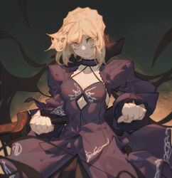 Rule 34 | 18660081532, 1girl, absurdres, artoria pendragon (all), artoria pendragon (fate), black choker, black dress, black sleeves, blonde hair, blurry, blurry edges, breasts, choker, cleavage, clenched hand, closed mouth, collarbone, cowboy shot, detached sleeves, dress, fate/grand order, fate (series), highres, holding, holding sword, holding weapon, long hair, long sleeves, looking at viewer, medium breasts, puffy sleeves, saber alter, solo, sword, weapon, yellow eyes