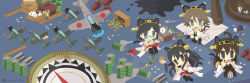 Rule 34 | 4girls, ahoge, aircraft, airplane, ammunition, animal ears, bauxite, black hair, box, brown hair, cardboard box, cat ears, cat tail, chameleon man (three), commentary request, compass, detached sleeves, double bun, drum (container), failure penguin, fairy (kancolle), flipped hair, glasses, green-framed eyewear, hair bun, hairband, haruna (kancolle), headgear, hiei (kancolle), japanese clothes, kantai collection, kirishima (kancolle), kongou (kancolle), long hair, miss cloud, multiple girls, no lineart, nontraditional miko, propeller, red skirt, ribbon-trimmed sleeves, ribbon trim, short hair, skirt, stuffed animal, stuffed penguin, stuffed toy, tail