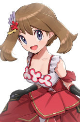 Rule 34 | 1girl, bare shoulders, black gloves, breasts, brown hair, clothes lift, collarbone, creatures (company), dress, dress lift, flower, frills, game freak, gloves, gonzarez, hair flower, hair ornament, hairclip, highres, looking at viewer, may (anniversary 2022) (pokemon), may (pokemon), nintendo, official alternate costume, open mouth, pokemon, pokemon masters ex, purple eyes, red dress, shirt, short hair, small breasts, smile, solo, white shirt