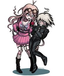 Rule 34 | 1boy, 1girl, absurdres, ahoge, android, armor, barbed wire, black choker, blonde hair, blue eyes, blush, boots, breasts, choker, cleavage, danganronpa (series), danganronpa v3: killing harmony, fingerless gloves, flower, gloves, goggles, goggles on head, highres, holding, holding flower, holding rose, iruma miu, k1-b0, kkadeug (kgkg9388), large breasts, long hair, open mouth, pointing, pointing at another, power armor, red flower, red rose, robot, rose, school uniform, serafuku, silver hair, simple background, surprised, white background