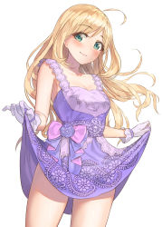 Rule 34 | 1girl, ahoge, bare shoulders, blonde hair, blush, bow, breasts, cleavage, clothes lift, collarbone, commentary request, dress, dress bow, dress flower, dress lift, flower, from below, gloves, green eyes, highres, idolmaster, idolmaster cinderella girls, idolmaster cinderella girls starlight stage, lifted by self, long hair, looking at viewer, medium breasts, purple dress, purple flower, sato shin, shoukichi (shony), simple background, smile, solo, twintails, white background, white gloves