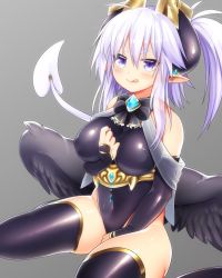 Rule 34 | 1girl, between legs, black bow, black bowtie, black thighhighs, black wings, blush, bow, bowtie, breasts, cleavage, covered erect nipples, covered navel, demon girl, demon horns, demon tail, earrings, eteru (mofuaki), feathered wings, frills, gem, grey background, hair between eyes, hair ornament, hand between legs, horns, impossible clothes, jewelry, large breasts, leotard, long hair, looking at viewer, low wings, mofuaki, original, pointy ears, purple eyes, purple hair, scratches, see-through, simple background, sitting, sleeveless, smile, solo, tail, thighhighs, wariza, wings