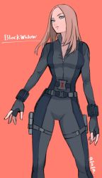 Rule 34 | 1girl, animification, aqua eyes, belt, black bodysuit, black gloves, black widow, bodysuit, breasts, brown hair, character name, expressionless, fingerless gloves, forehead, gloves, head tilt, highres, long hair, looking at viewer, marvel, medium breasts, natasha romanoff, parted hair, parted lips, solo, sushi pizza rrr, thigh strap