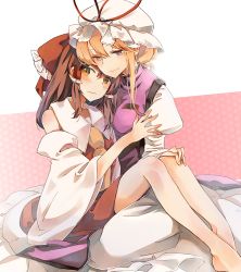 Rule 34 | 2girls, ascot, atoki, bare shoulders, barefoot, blonde hair, blush, bow, breasts, brown eyes, brown hair, commentary request, detached sleeves, dress, feet out of frame, frilled bow, frills, hair between eyes, hair bow, hair tubes, hakurei reimu, hat, hat ribbon, juliet sleeves, long hair, long sleeves, looking at viewer, medium breasts, mob cap, multiple girls, pink background, puffy sleeves, purple eyes, red bow, red dress, red ribbon, ribbon, sidelocks, single sidelock, sitting, smile, tabard, touhou, two-tone background, wavy mouth, white background, white dress, white headwear, wide sleeves, yakumo yukari, yellow ascot, yuri