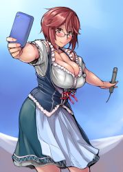 Rule 34 | 1girl, apron, bare shoulders, bespectacled, blouse, blue background, blush, bodice, breasts, brown eyes, brown hair, camera phone, cellphone, cleavage, contrapposto, dirndl, dress, foreshortening, frills, german clothes, glasses, green skirt, holding, holding microphone, holding phone, large breasts, microphone, name tag, outstretched arms, phone, rozen maiden, selfie, shirt, short hair, short sleeves, simple background, skirt, smile, solo, souseiseki, spread arms, standing, taking picture, tsuda nanafushi, underbust, waist apron, white shirt